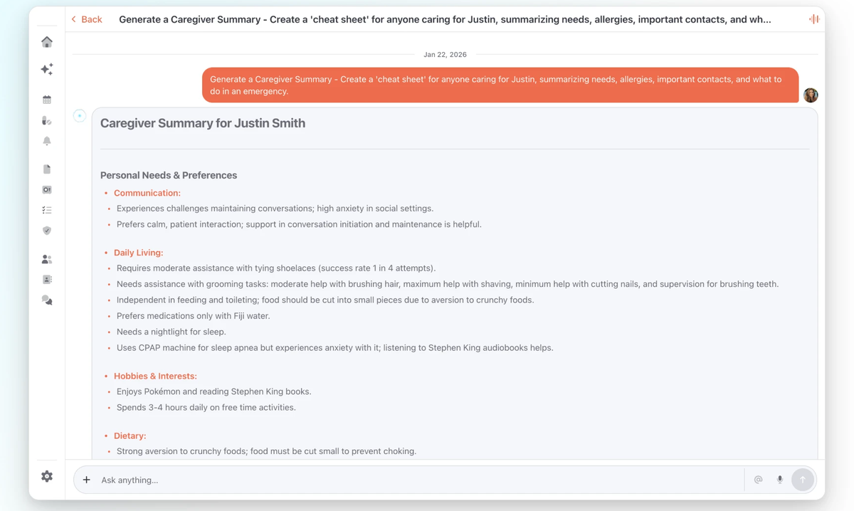 Eleplan desktop app — generating a caregiver summary