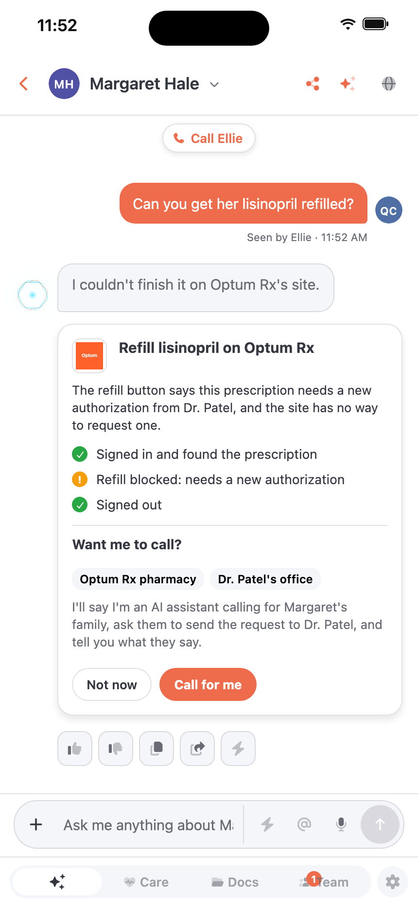The pharmacy site can’t finish a refill, so Ellie offers to call